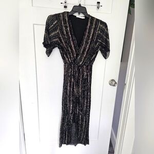 All in Favor Metallic Black Gold Striped Midi Dress Size M